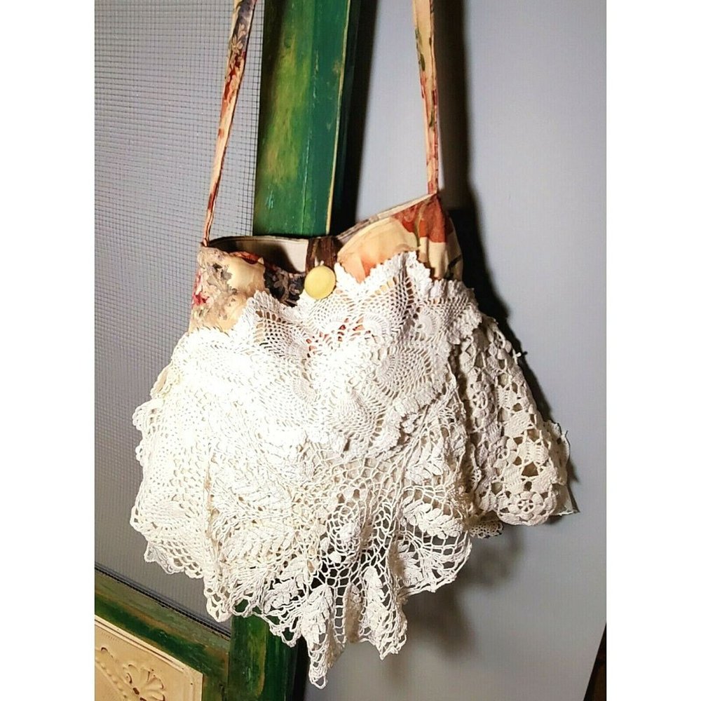 Boho Handbag Gypsy Purse Unique Hippie Bag Vintage Crochet Lace Doilies Fringe - Picture 3 of 11